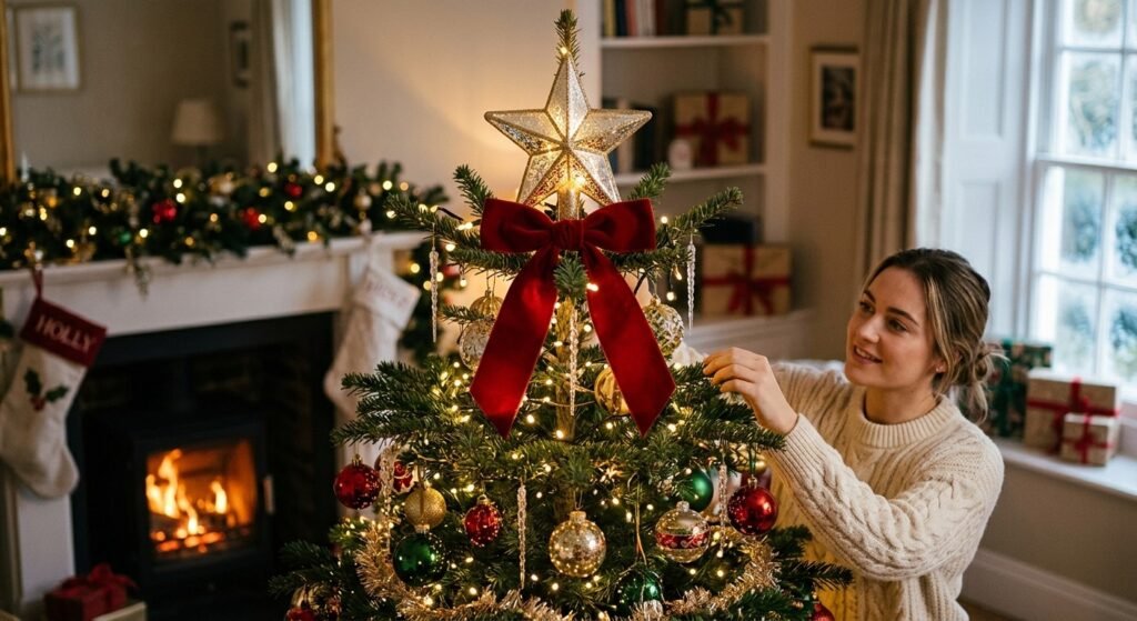 how to decorate a christmas tree topper - finished topper secured at the apex with a red bow