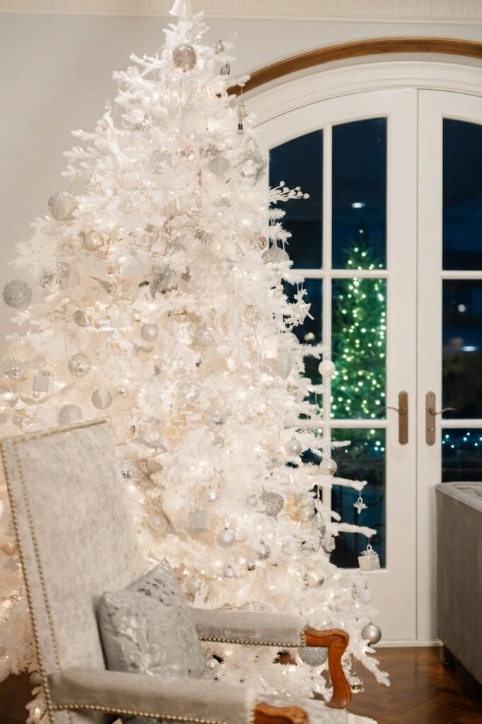 white tree with silver and white ornaments beside a silver armchair